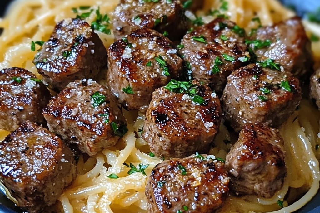 Garlic Butter Steak Bites w/ Creamy Parmesan Pasta: An Incredible Ultimate Savory Dinner